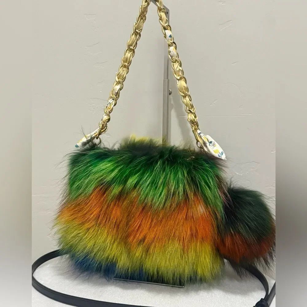 Colorful Real Finn Raccoon Fur Handmade Multi Use Bag & Fur Pom-Pom Charm